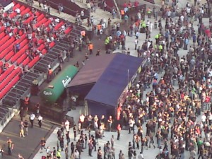 Carlsberg trailer behind beer tent at floor level